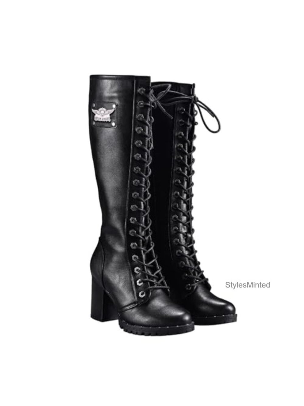 Faux Leather Lace Up Knee High Boots with Chunky Heel and Side Zipper